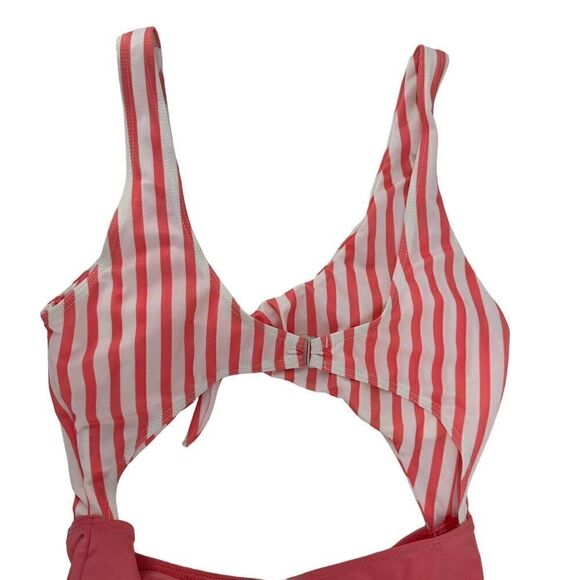 One Piece Swimsuit Cut Out Pink White Stripe V Neck Size M Preppy Swim Beach - Picture 4 of 8
